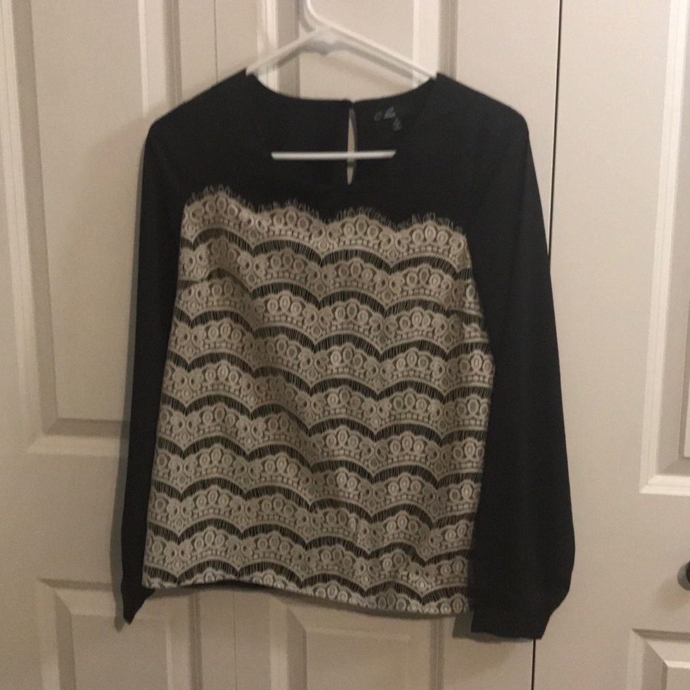 C. Luce black blouse top white lace long sleeves